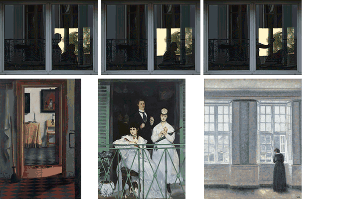 Christian Perret, Colloque II. Samuel van Hoogstraten, Intérieur, Les Pantoufles. Edouard Manet, Le Balcon. Vilhelm Hammershøi, Les Grandes fenêtres