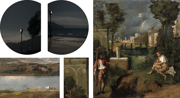 Poussin, Paysage orageux avec Pyrame et Thisbé ; Giorgione, La Tempesta